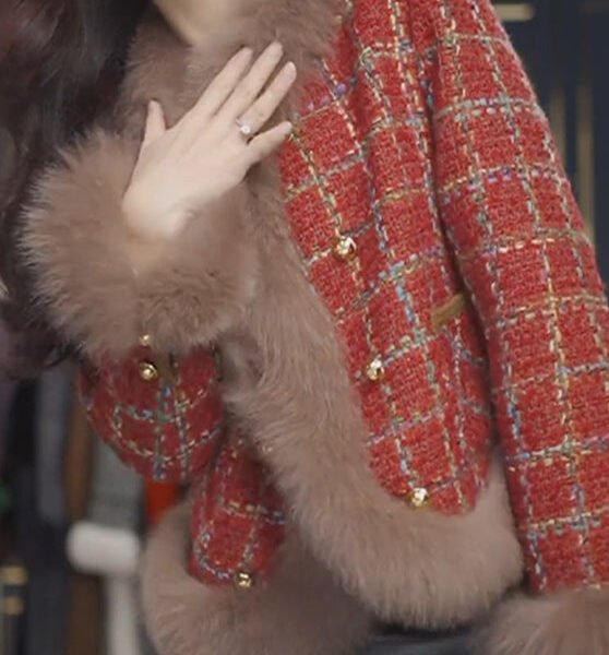 Fashion Red Fur Collar Plaid Patchwork Woolen Coats Spring