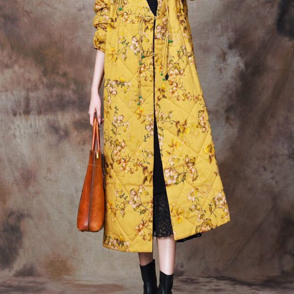 Women Yellow Chinese Button Print Cotton Filled Coat Long Sleeve