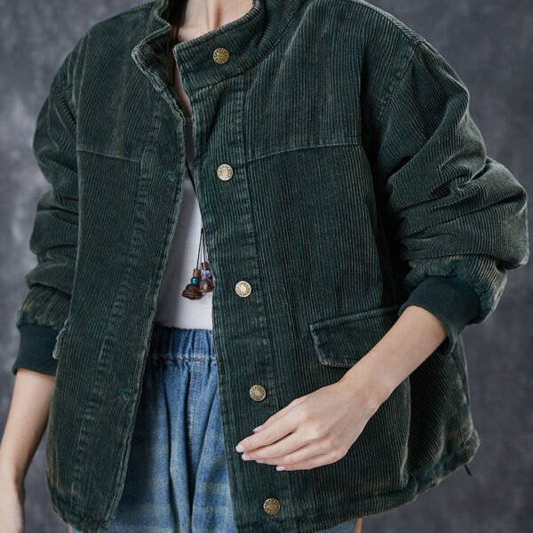 Green Fine Cotton Filled Corduroy Coat Stand Collar Winter