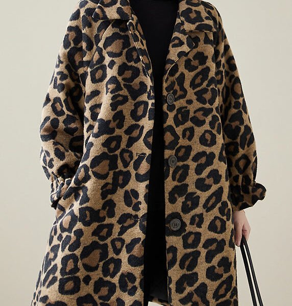 Classy Khaki Oversized Leopard Print Woolen Coats Winter