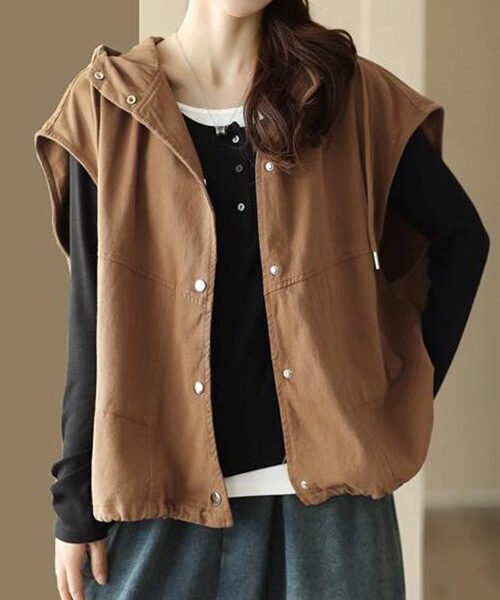 Loose Coffee Solid Button Drawstring Cotton Waistcoat Sleeveless