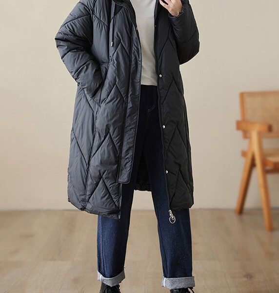 Black Pockets Patchwork Fine Cotton Filled Hooded Coat Zip Up Winter