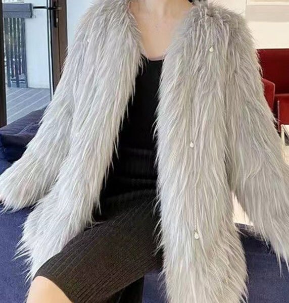 French Grey Tassel Thick Mink Hair Coats Long Sleeve