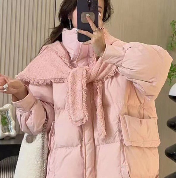 Fashionable Pink Knitted Shawl Two-Piece Duck Down Jacket Winter