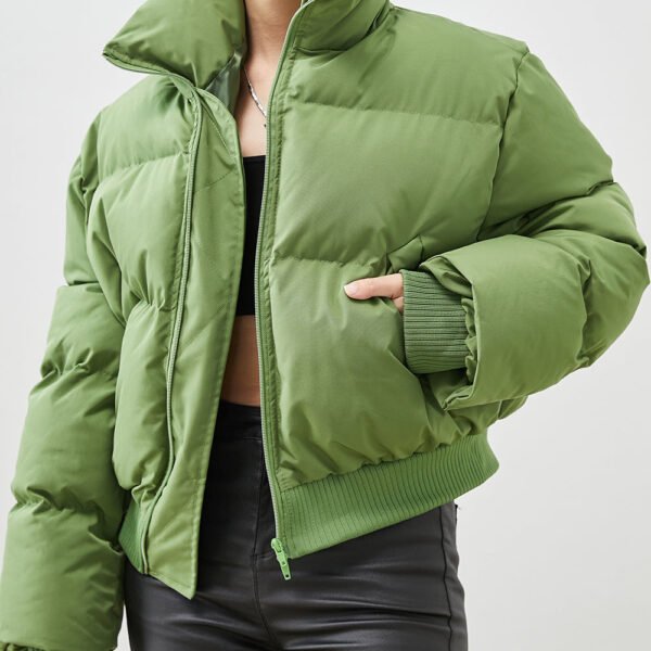 Fine Green Stand Collar Pockets Fine Cotton Filled Short Coat Winter