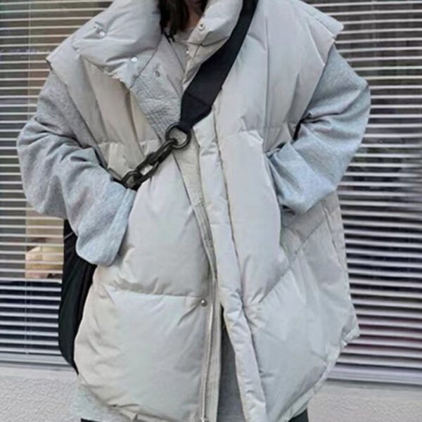 Loose Grey Stand Collar Zippered Pockets Waistcoat Sleeveless
