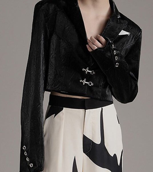 French Black Notched Button Faux Leather Coats Spring