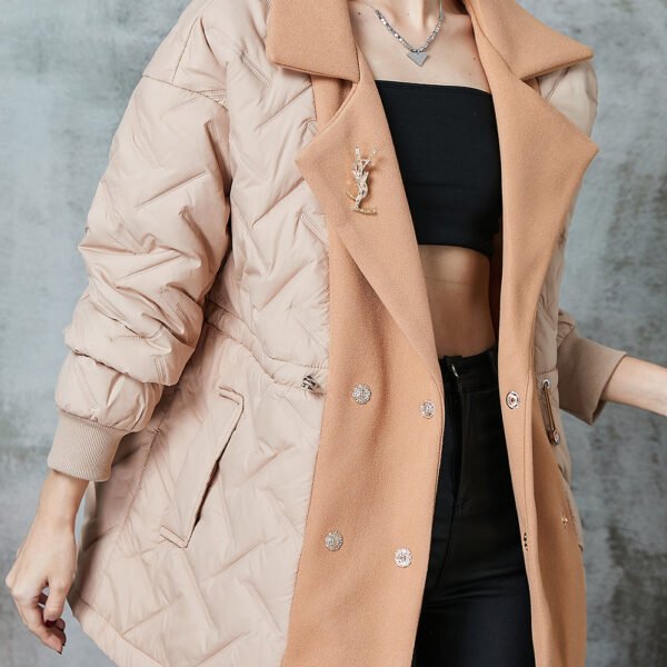 Khaki Patchwork Woolen Fine Cotton Filled Coats Double Breast Drawstrin Spring