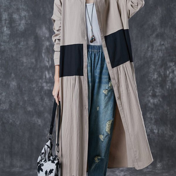 Khaki Patchwork Cotton Trench Coats Stand Collar Spring