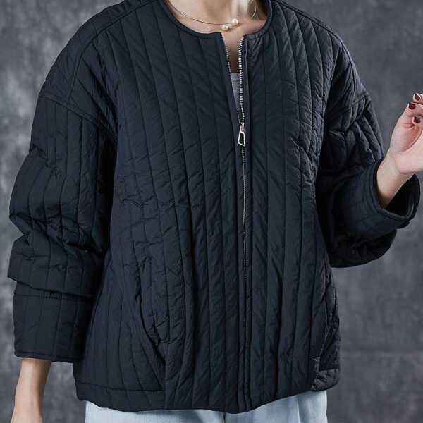 Unique Black O-Neck Zip Up Fine Cotton Filled Coat Spring