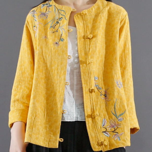 Retro Yellow O Neck Embroideried Cotton Short Coat Spring