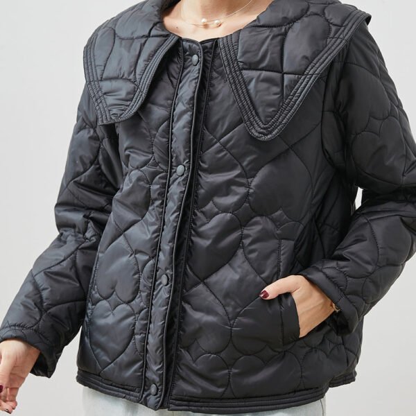 Modern Black Peter Pan Collar Pockets Fine Cotton Filled Coat Spring