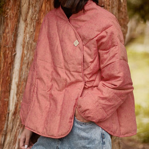 Pink Solid Pockets Cotton Filled Coats V Neck Spring