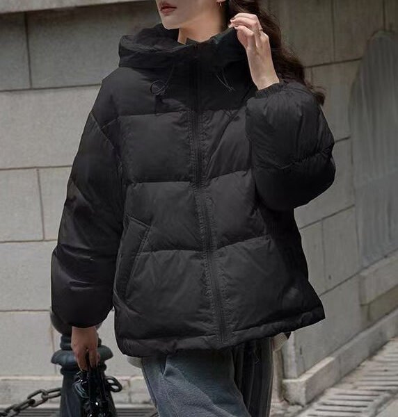 Italian Black Zip Up Pockets Duck Down Hooded Jacket Winter