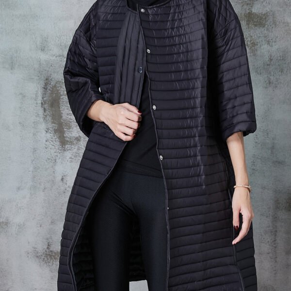 Black Fine Cotton Filled Coats O-Neck Oversized Half Sleeve