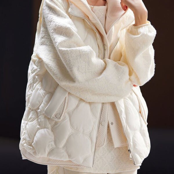 New Beige Hooded Patchwork False Two Pieces Duck Down Waistcoat Sleeveless