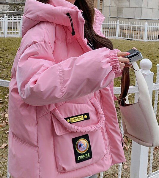 Stylish Pink Hooded Pockets Duck Down Puffers Jackets Winter