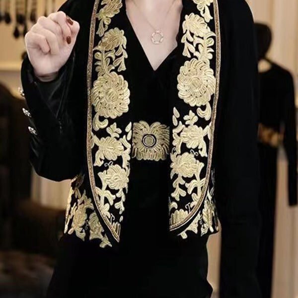 Bohemian Black Handmade Embroideried Velour Coats Spring