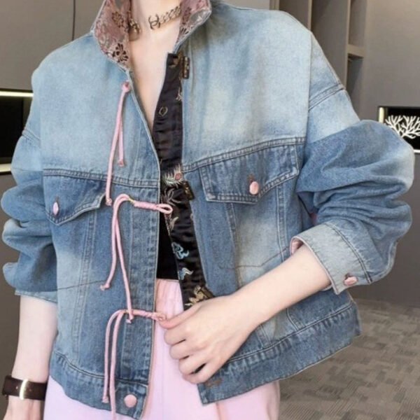 Dark Blue Patchwork Loose Coats Stand Collar Spring