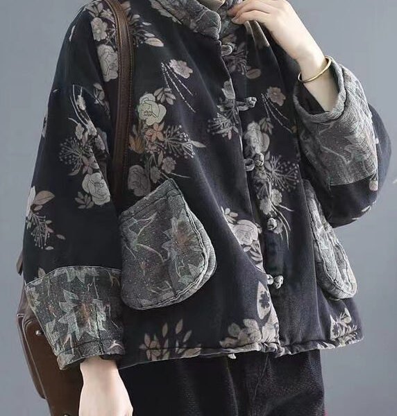 Boho Black Pockets Print Denim Warm Fleece Womens Coats Winter