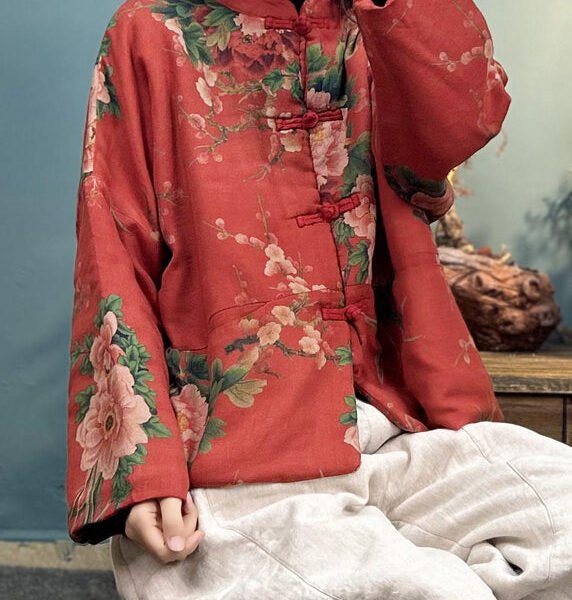 Loose Red Button Print Cotton Filled Coats Long Sleeve