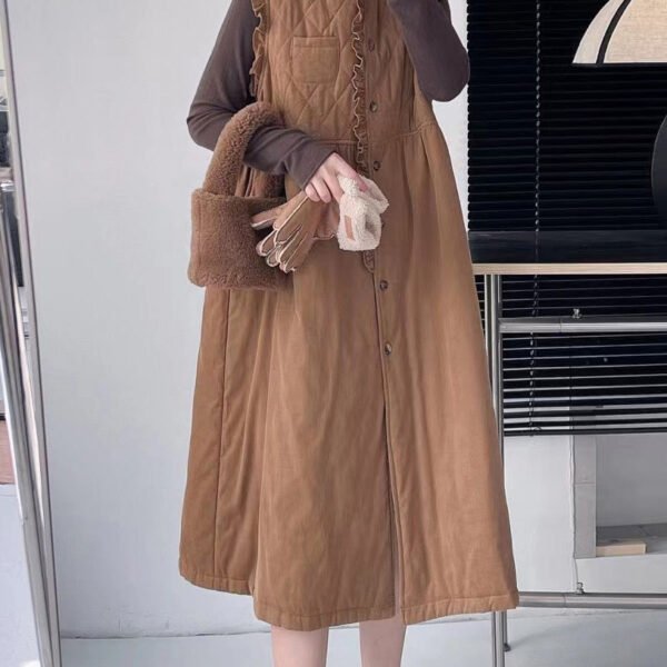 Classy Khaki Ruffled Button Cotton Filled Waistcoat Dresses Sleeveless