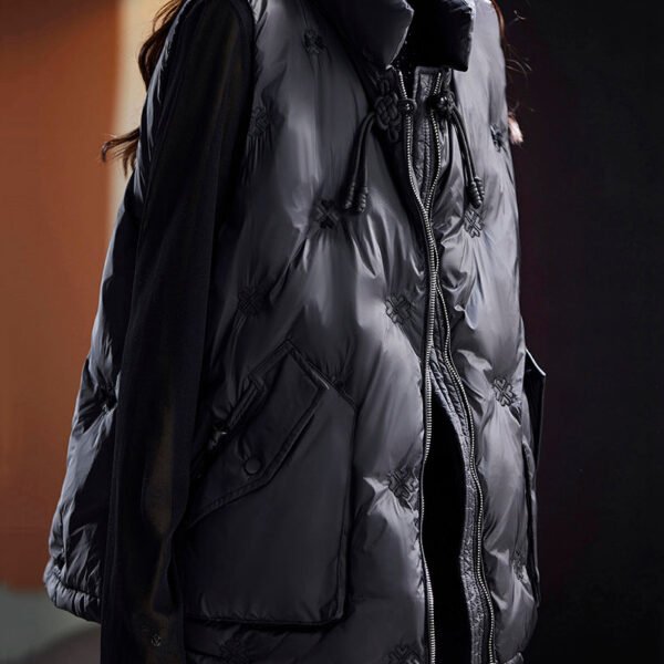 Plus Size Black Embroideried Zippered Pockets Duck Down Waistcoat Sleeveless