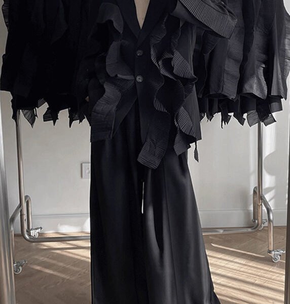 Unique Black V Neck Patchwork Coats And Wide Leg Pants Two Piece Set Long Sleeve