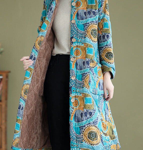 Vintage Blue Print Fine Cotton Filled Warm Fleece Witner Coat