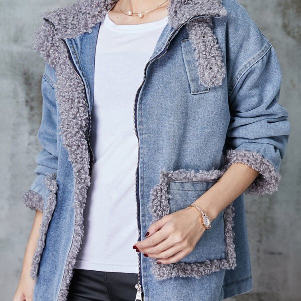 Denim Blue Patchwork Fleece Wool Lined Coat Oversized Winter