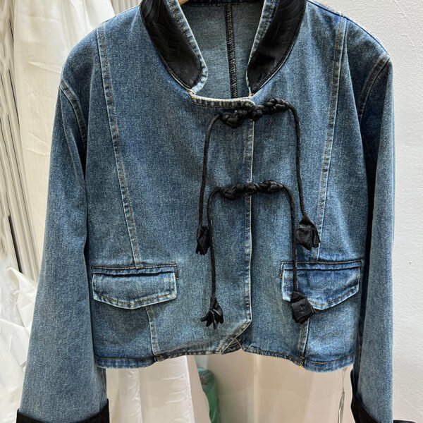 Black Button Patchwork Denim Coats Stand Collar Long Sleeve