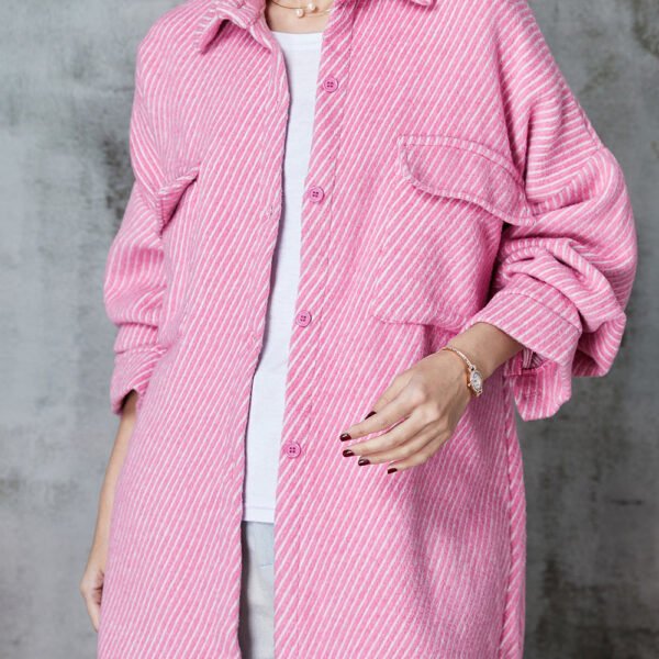 Pink Striped Corduroy Coat Oversized Pockets Spring