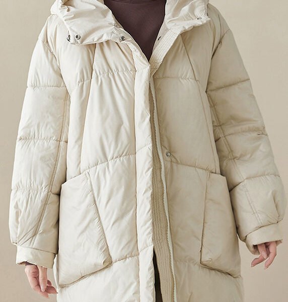 Oversized Beige Hooded Pockets Fine Cotton Filled Puffers Coats Winter