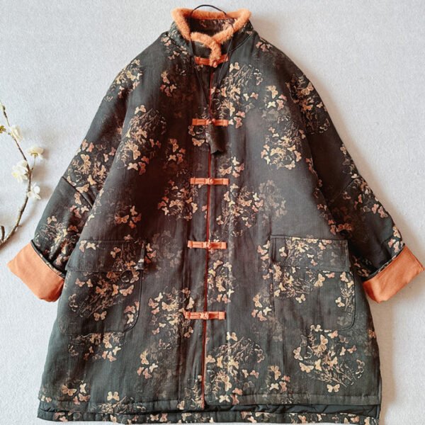 Vintage Black Print Pockets Fur Collar Patchwork Fine Cotton Filled Coat Winter