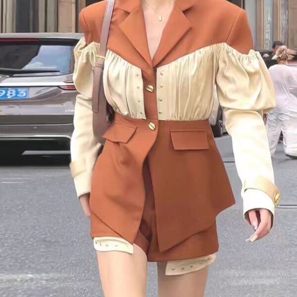 French Coffee Wrinkled Patchwork Coat And Shorts Two Pieces Spring