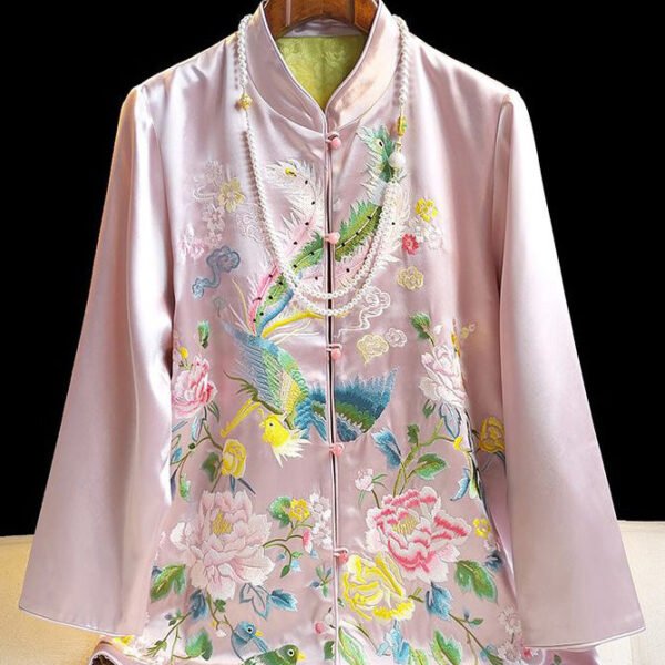 Classy Pink Stand Collar Embroideried Button Silk Coat Spring