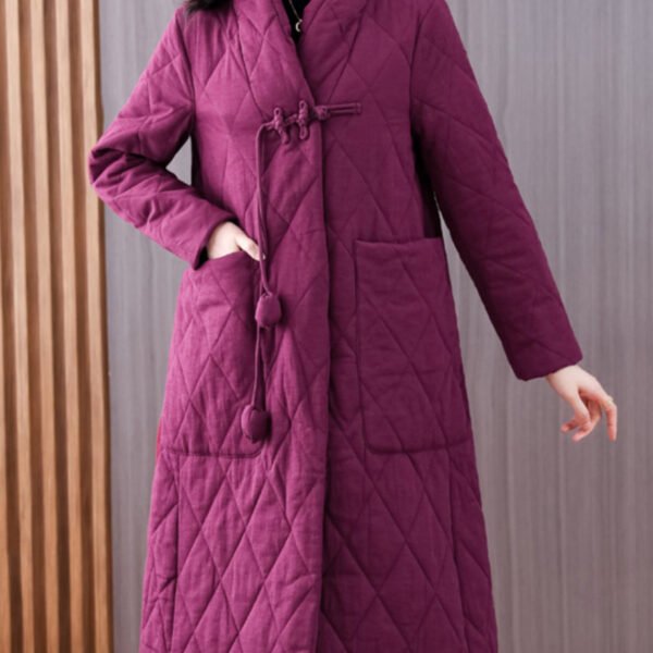 Vintage Purple V Neck Pockets Chinese Button Fine Cotton Filled Coat Winter
