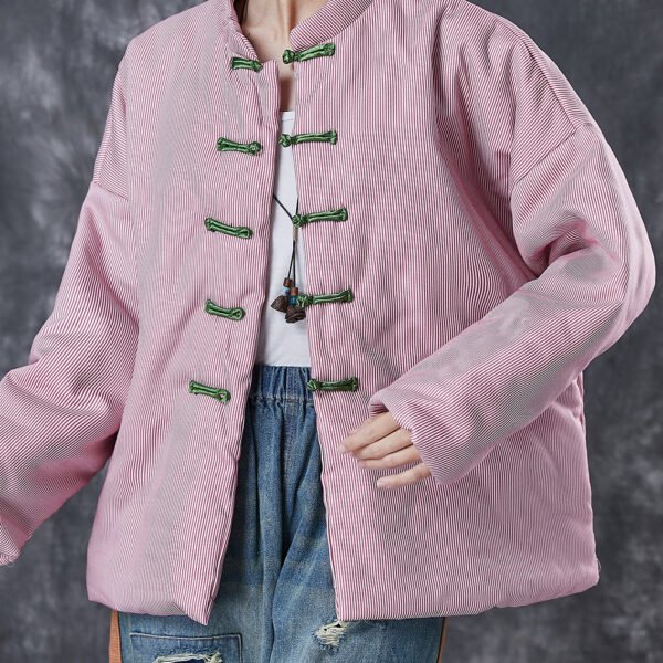 Vintage Pink Oversized Striped Fine Cotton Filled Coat Winter