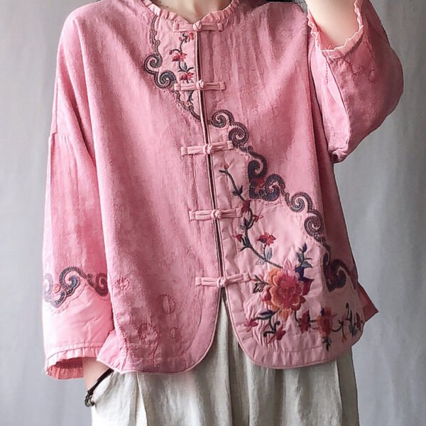 Vintage Pink Ruffled Embroideried Chinese Button Cotton Short Coat Spring