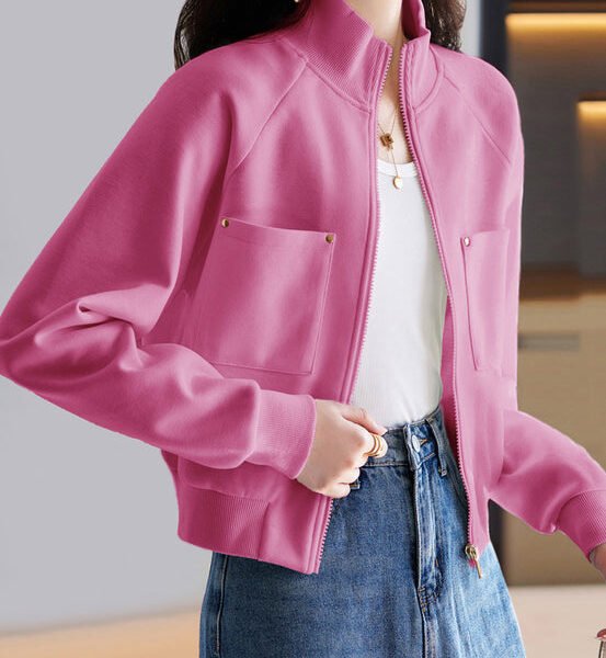 French Pink Zip Up Pockets Cotton Coat Outwear Spring