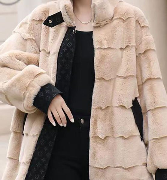 Khaki Stand Collar Zippered Mink Velvet Coat Winter