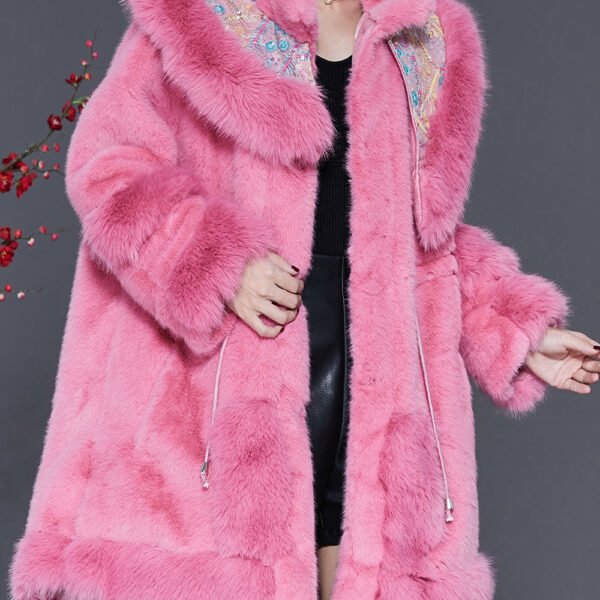 Plus Size Pink Embroideried Drawstring Mink Velvet Coat Outwear Spring