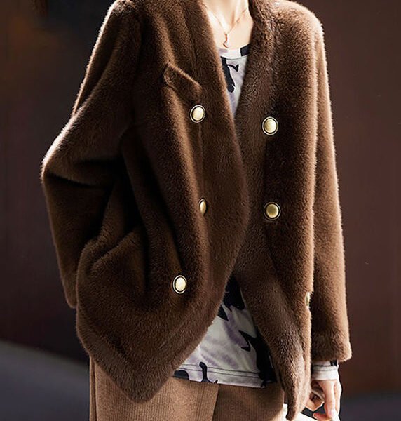 French Coffee V Neck Button Leather And Fur Coats Long Sleeve