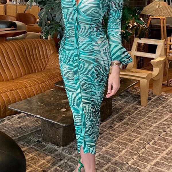 Sexy Geometric Print Buckle Fold Turndown Collar One Step  Dresses