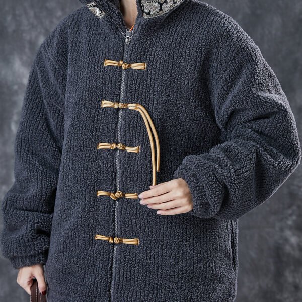 Grey Patchwork Chinese Button Fine Cotton Filled Coat Stand Collar Winter