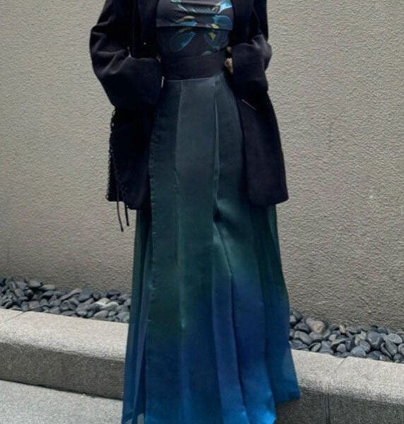 Gradient Color Print Coats Vest And Maxi Skirts Three Pieces Set Spring