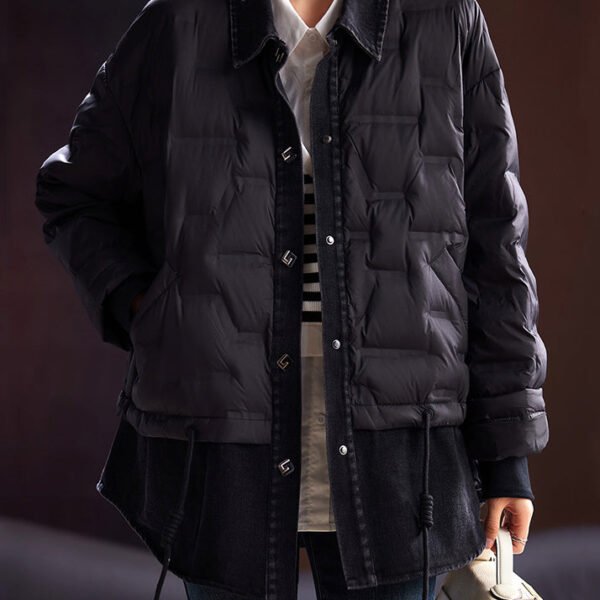 Loose Black Lace Up Pockets Patchwork Duck Down Coat Long Sleeve