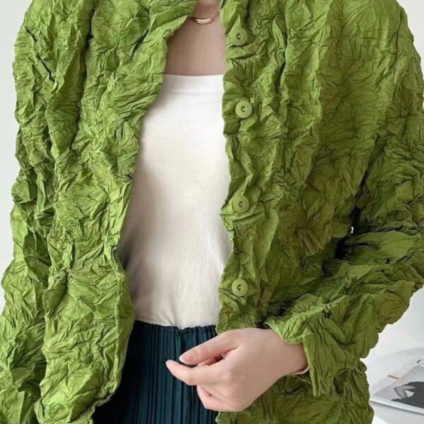 Women Green Wrinkled Button Cotton Thin Cardigan Coats Spring