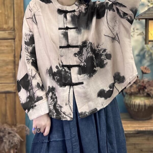 Loose Khaki Print Button Linen Coats Long Sleeve