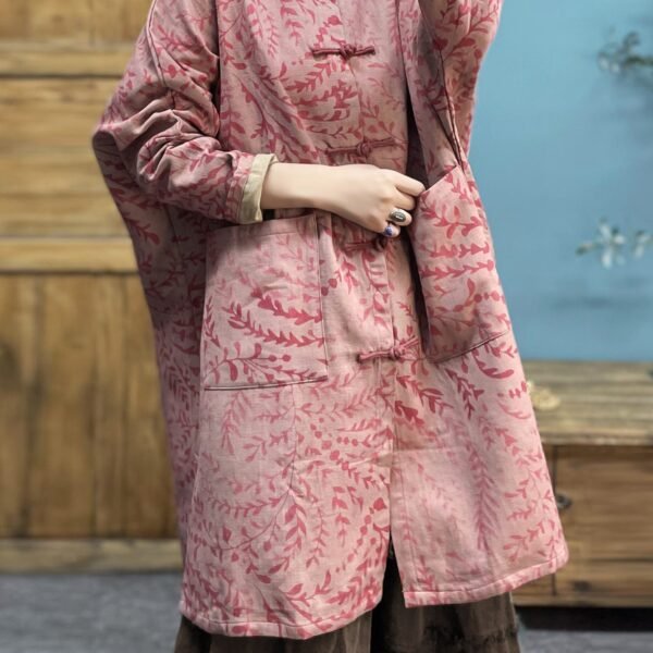 Loose Pink Button Pockets Linen Coat Long Sleeve
